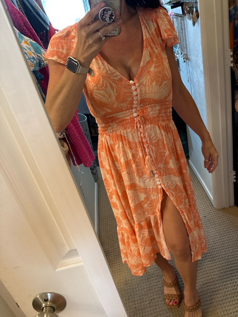 Tiare Hawaii Coral Tropical Maxi Dress • Open Back Button Front Boho Resort S/M